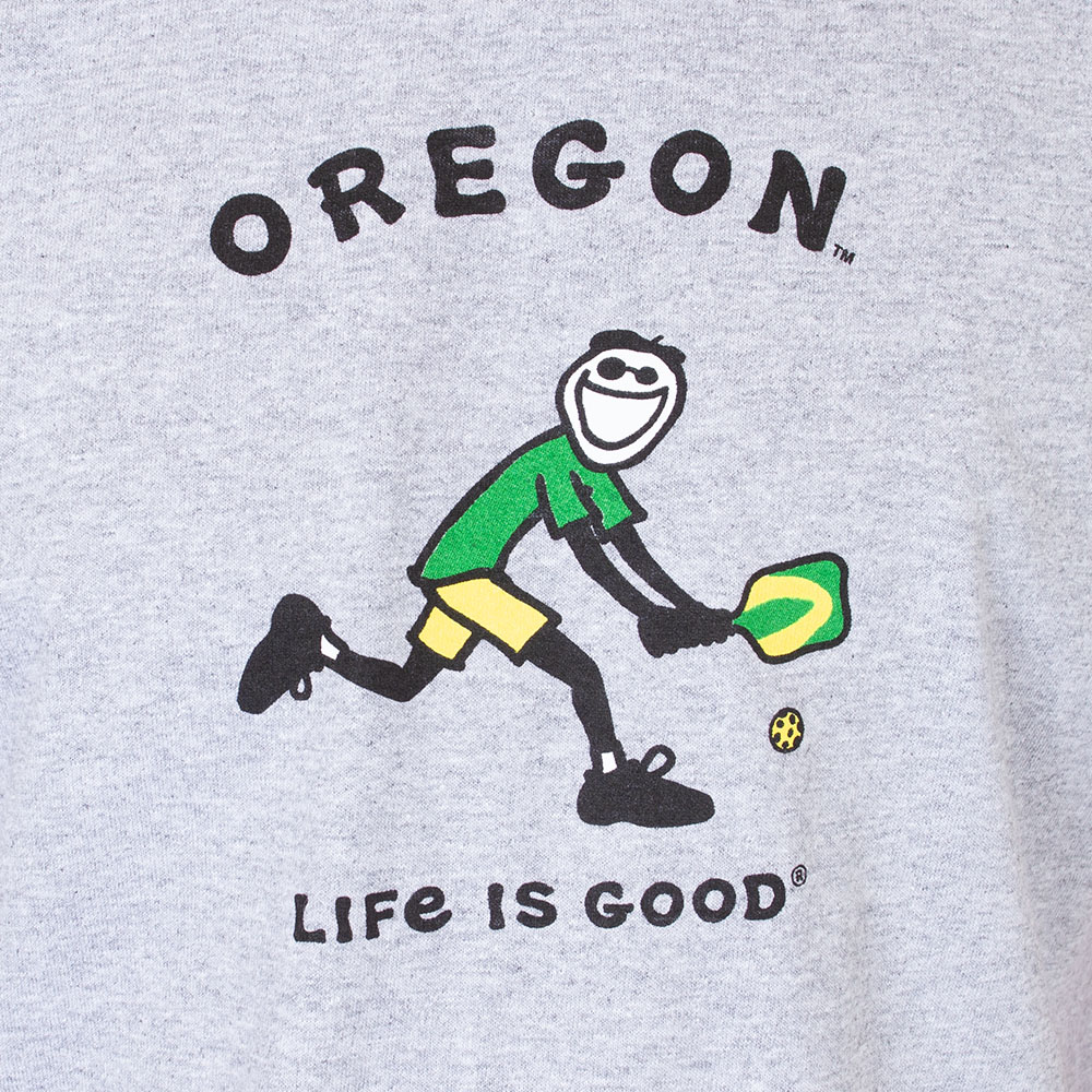 Arched Oregon, Blue 84, Grey, Crew Neck, Cotton Blend, Men, Unisex, Overdyed, Life is Good, Jake, Playing Pickle Ball, T-Shirt, 934830